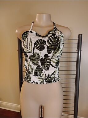 like an angel White & Green Tropical Smocked Halter Crop Top
